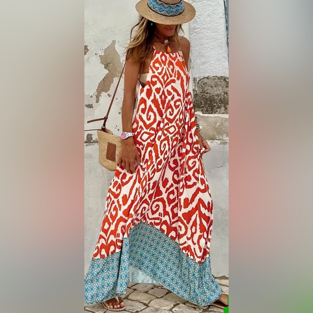 Source Unknown Red and Blue Patterned Maxi Dress